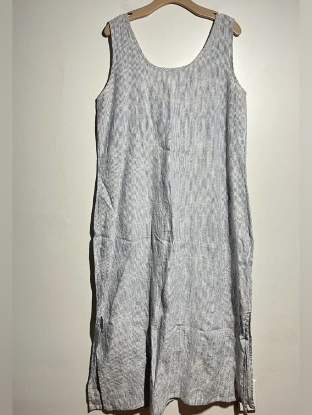 Flax Blue & White Striped Embroidered Sleeveless Maxi Linen Dress, Size Large